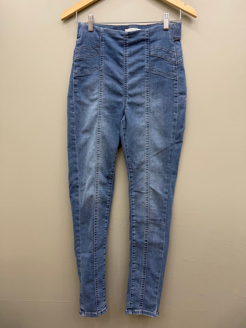 Free People Feel Alright Skinny Jeans 28 Blue High Rise Pull On Stretch Seam